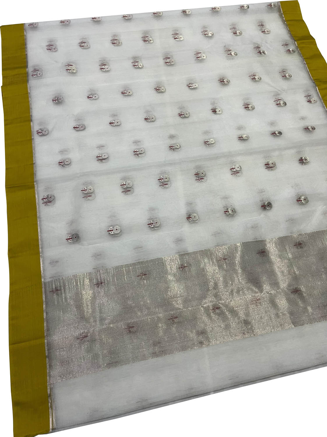Off White Chanderi Pure Katan Silk Flower Design Saree