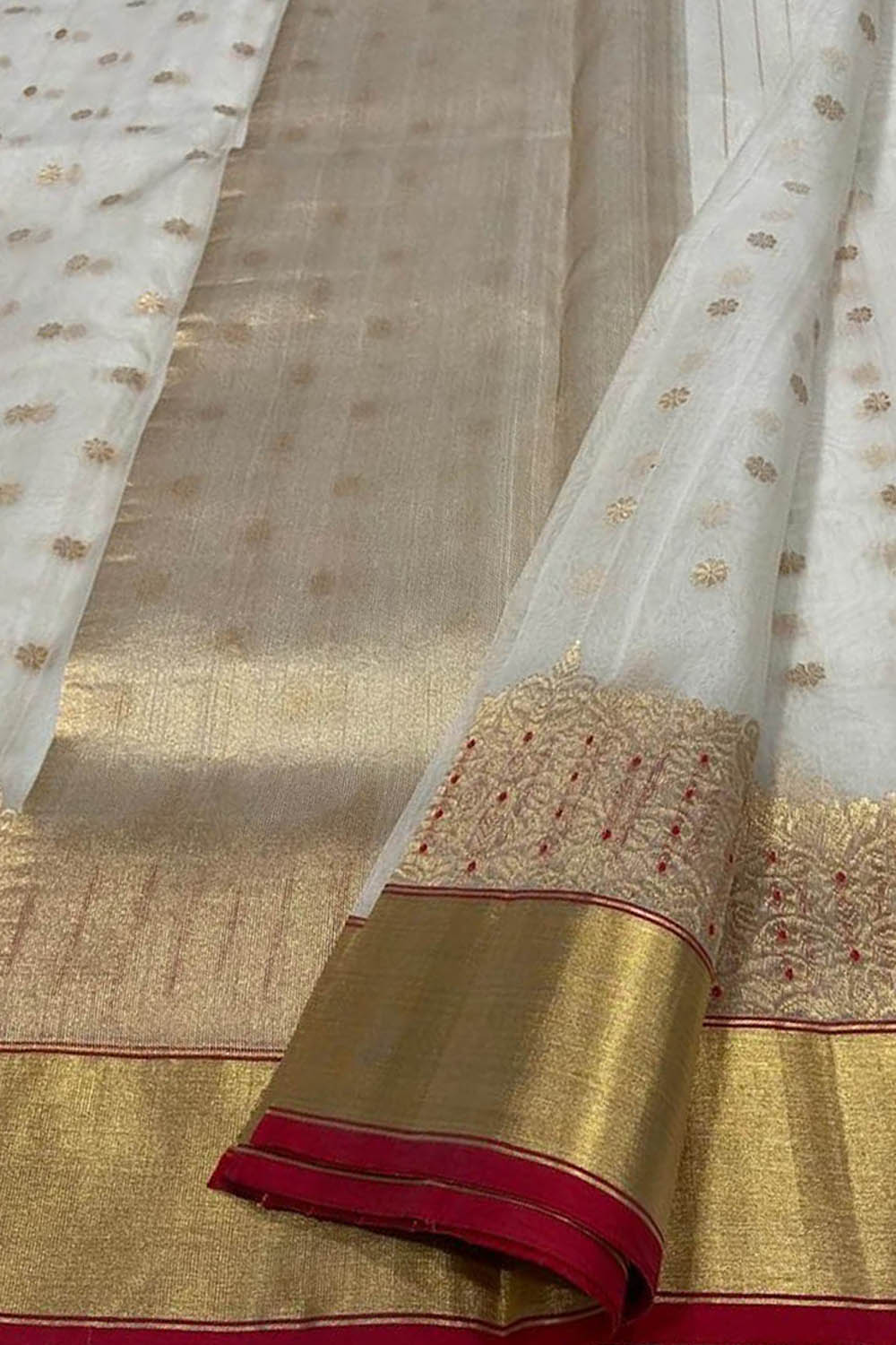 Off White Chanderi Pure Katan Silk Booti Design Saree