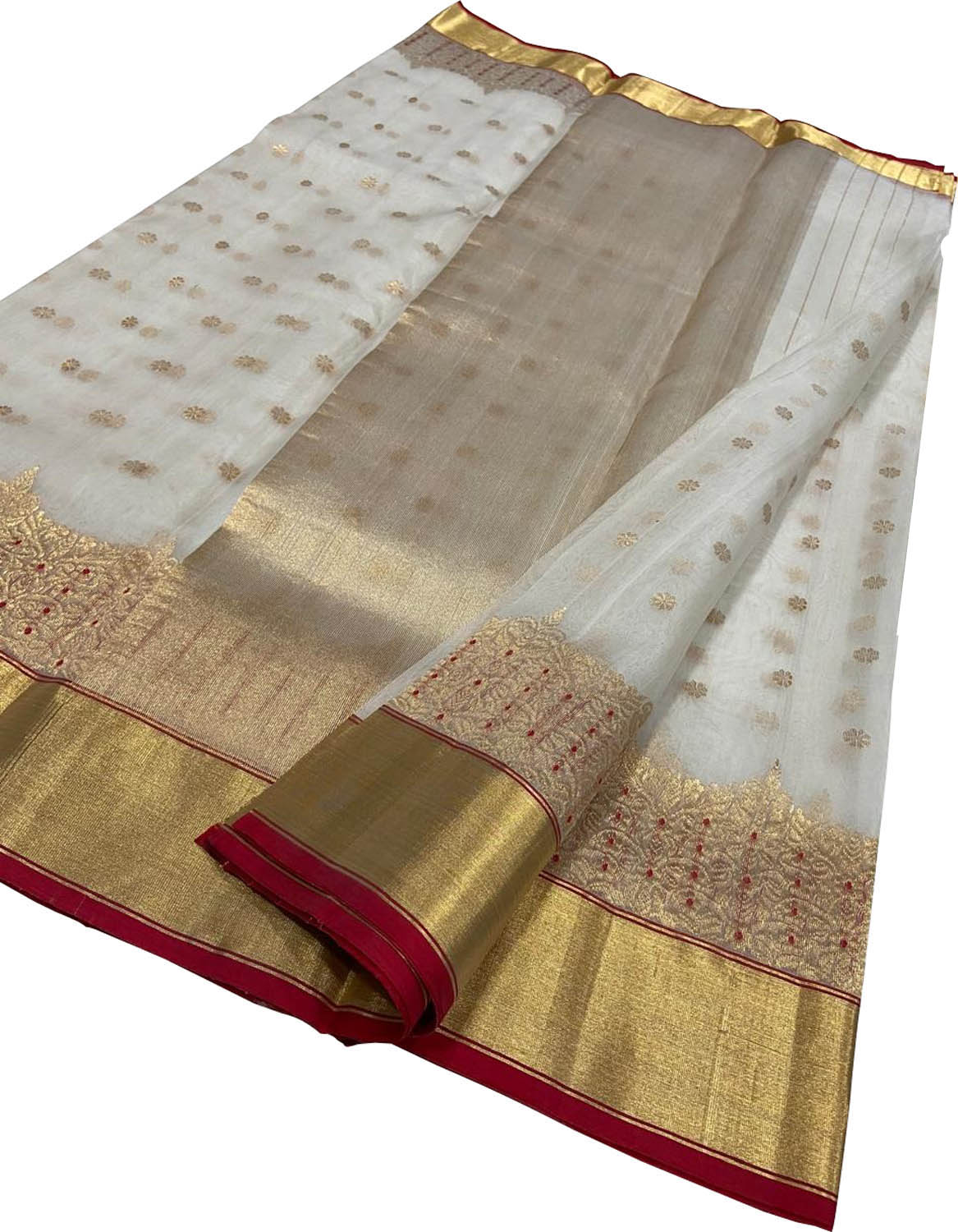 Off White Chanderi Pure Katan Silk Booti Design Saree
