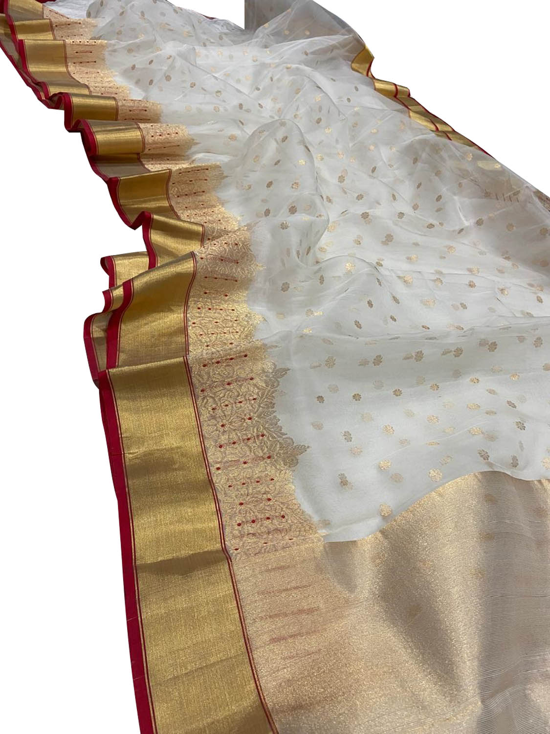 Off White Chanderi Pure Katan Silk Booti Design Saree