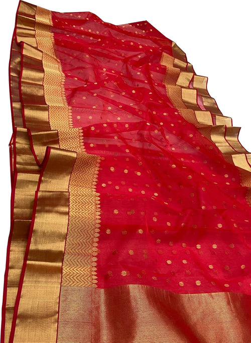 Red Chanderi Pure Katan Silk Booti Design Saree