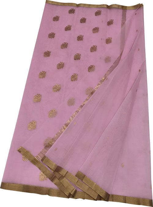 Pink Chanderi Pure Katan Silk Flower Design Saree