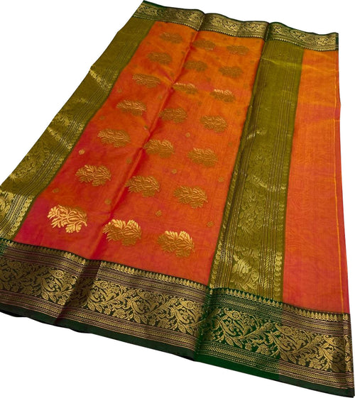 Orange And Pink Shot Chanderi Pure Katan Silk Flower Design Saree
