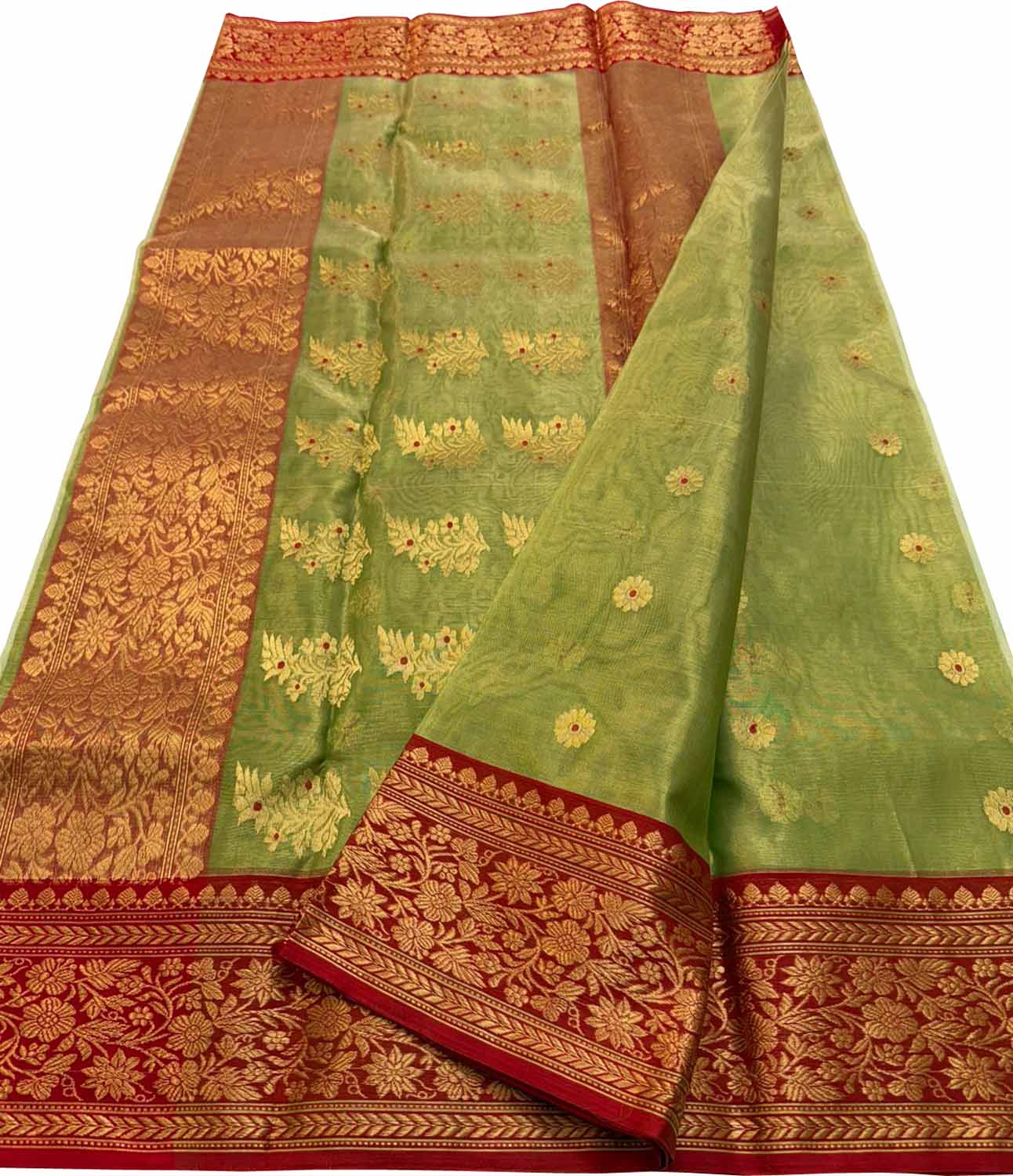 Green Chanderi Tissue Katan Silk Saree — Zari Weave, Festive