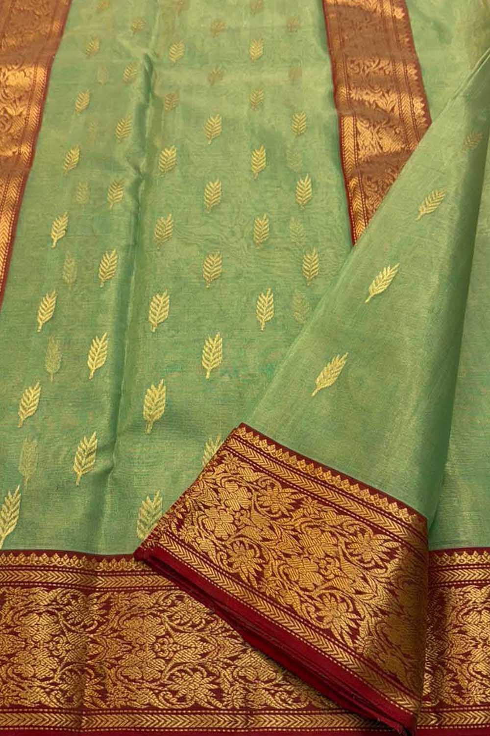 Green Chanderi Tissue Katan Silk Saree — Handloom Motifs, Bridal