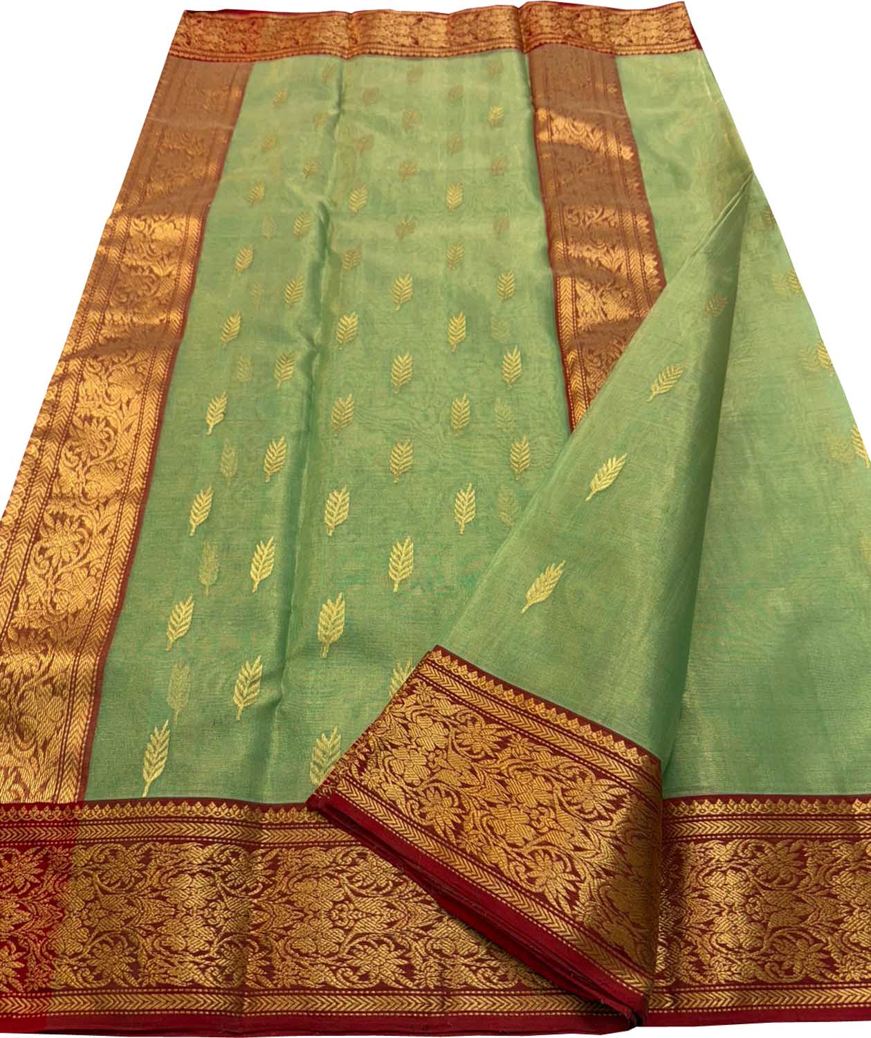 Green Chanderi Tissue Katan Silk Saree — Handloom Motifs, Bridal