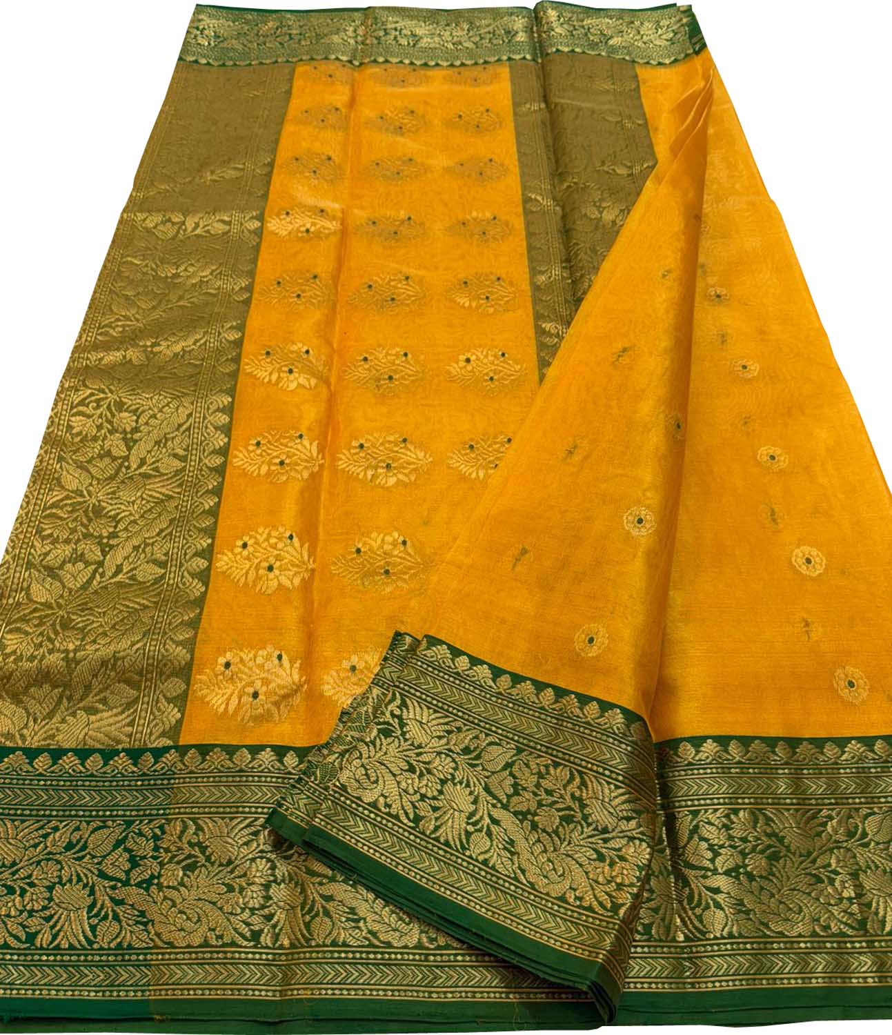 Yellow Chanderi Tissue Katan Silk Saree — Zari Border, Ethnic Wear