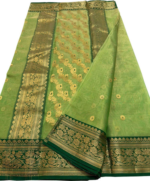 Green Chanderi Tissue Katan Silk Saree — Silk Zari, Festive Drape