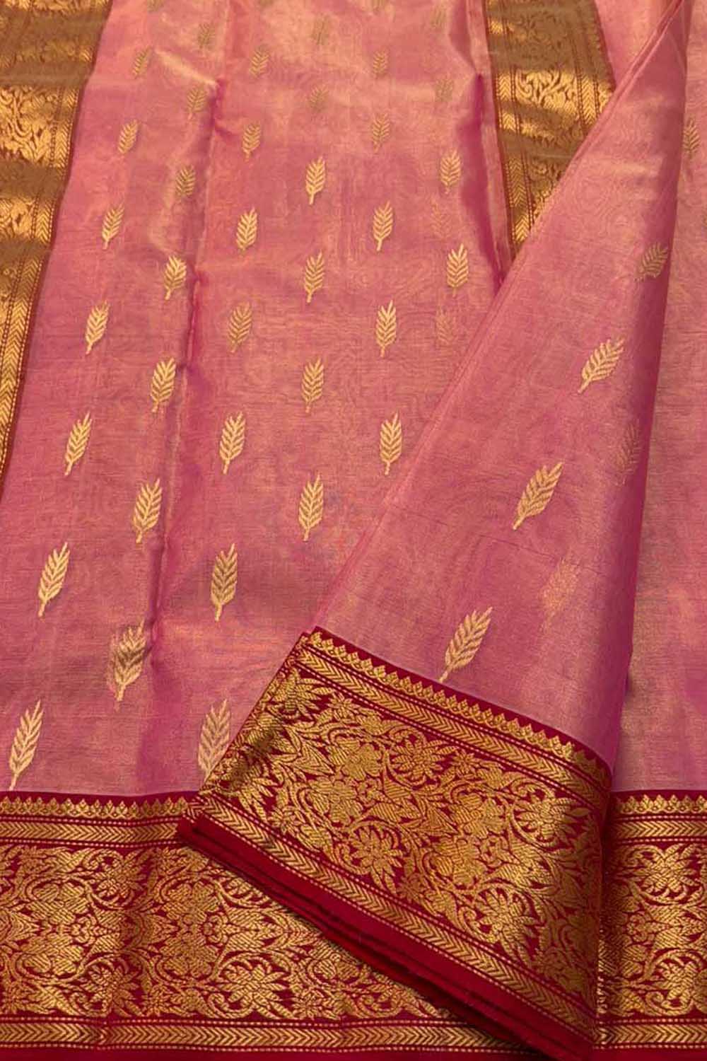 Pink Chanderi Tissue Katan Silk Saree — Floral Zari, Bridal