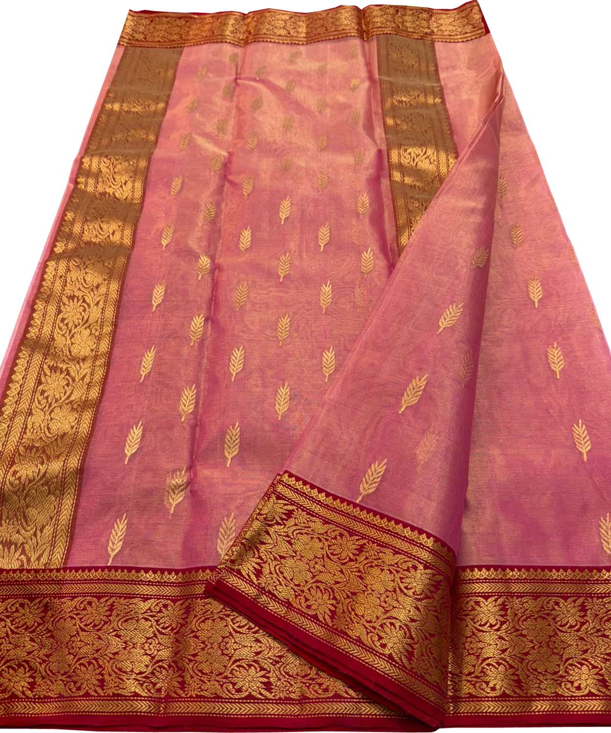 Pink Chanderi Tissue Katan Silk Saree — Floral Zari, Bridal