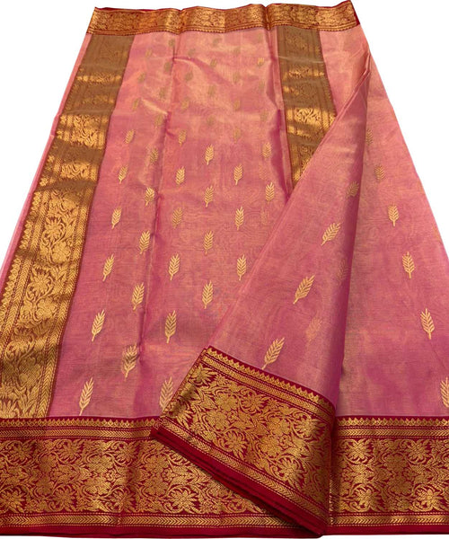 Pink Chanderi Tissue Katan Silk Saree — Floral Zari, Bridal