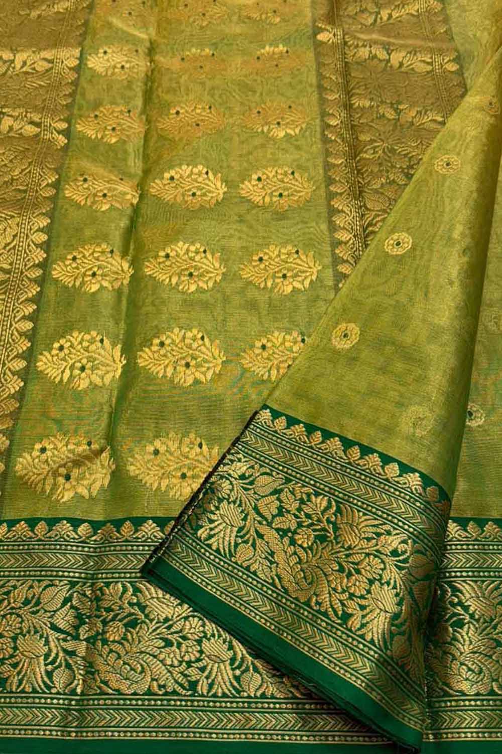 Green Chanderi Tissue Katan Silk Saree — Woven Pallu, Ethnic