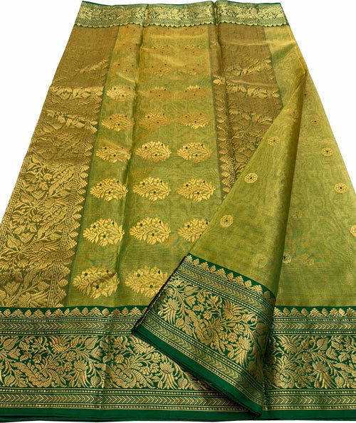 Green Chanderi Tissue Katan Silk Saree — Woven Pallu, Ethnic