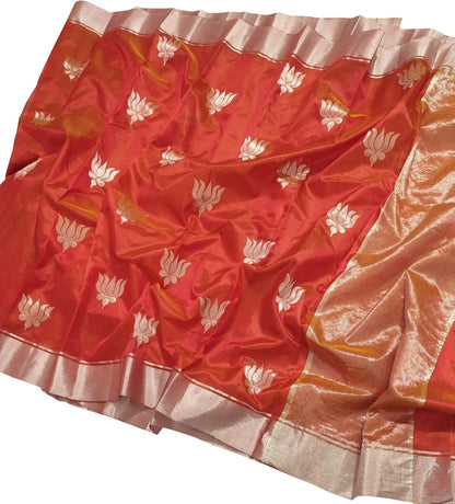 Stunning Red Chanderi Silk Saree - Handloom Beauty - Luxurion World