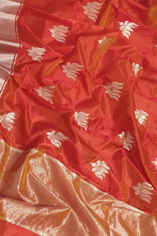 Stunning Red Chanderi Silk Saree - Handloom Beauty - Luxurion World