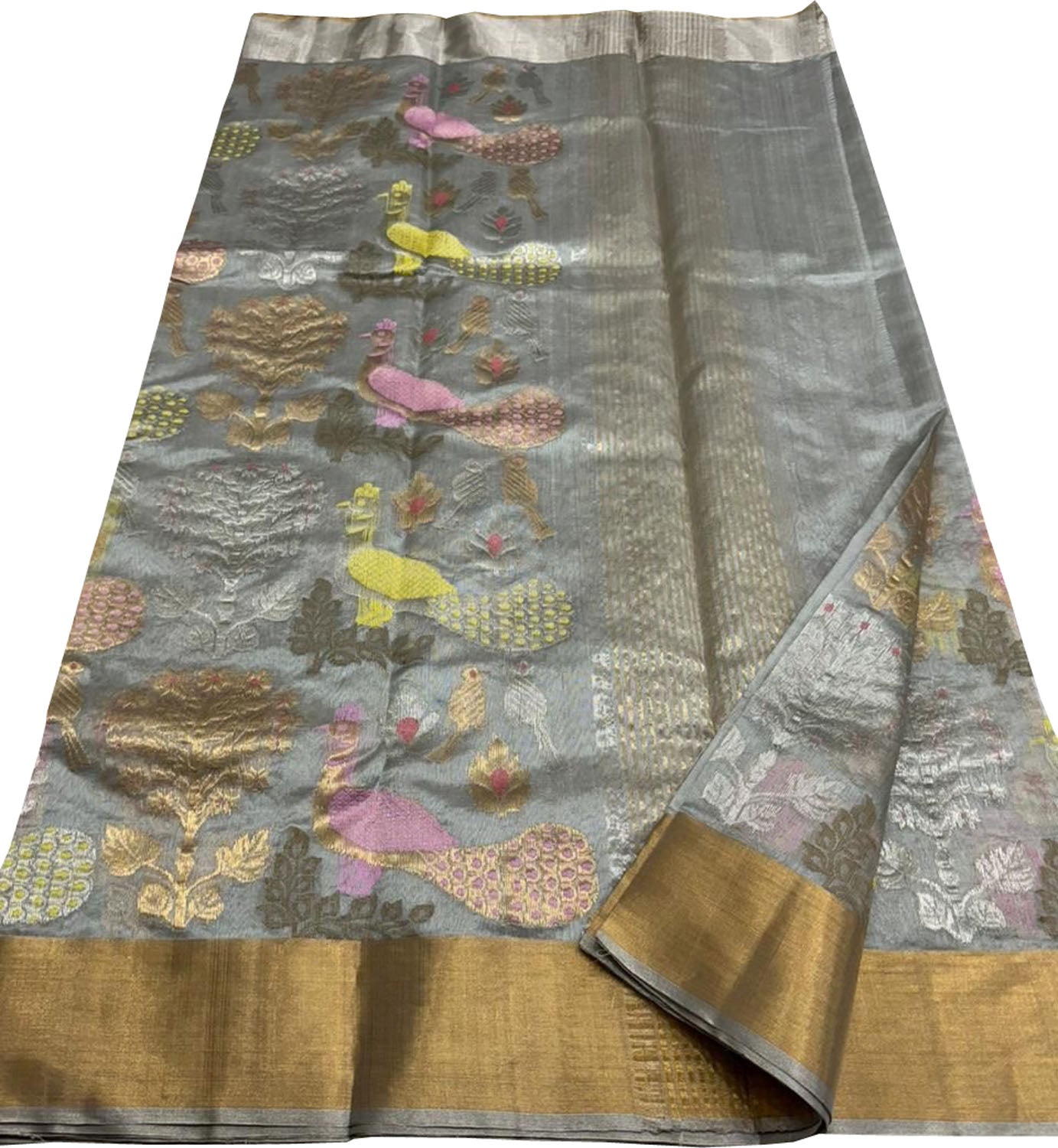 Elegant Grey Silk Saree with Chanderi Handloom Weave - Luxurion World