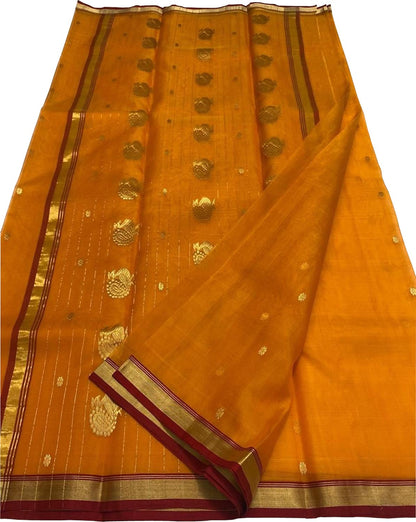 Orange Chanderi Handloom Pure Katan Silk Saree - Luxurion World