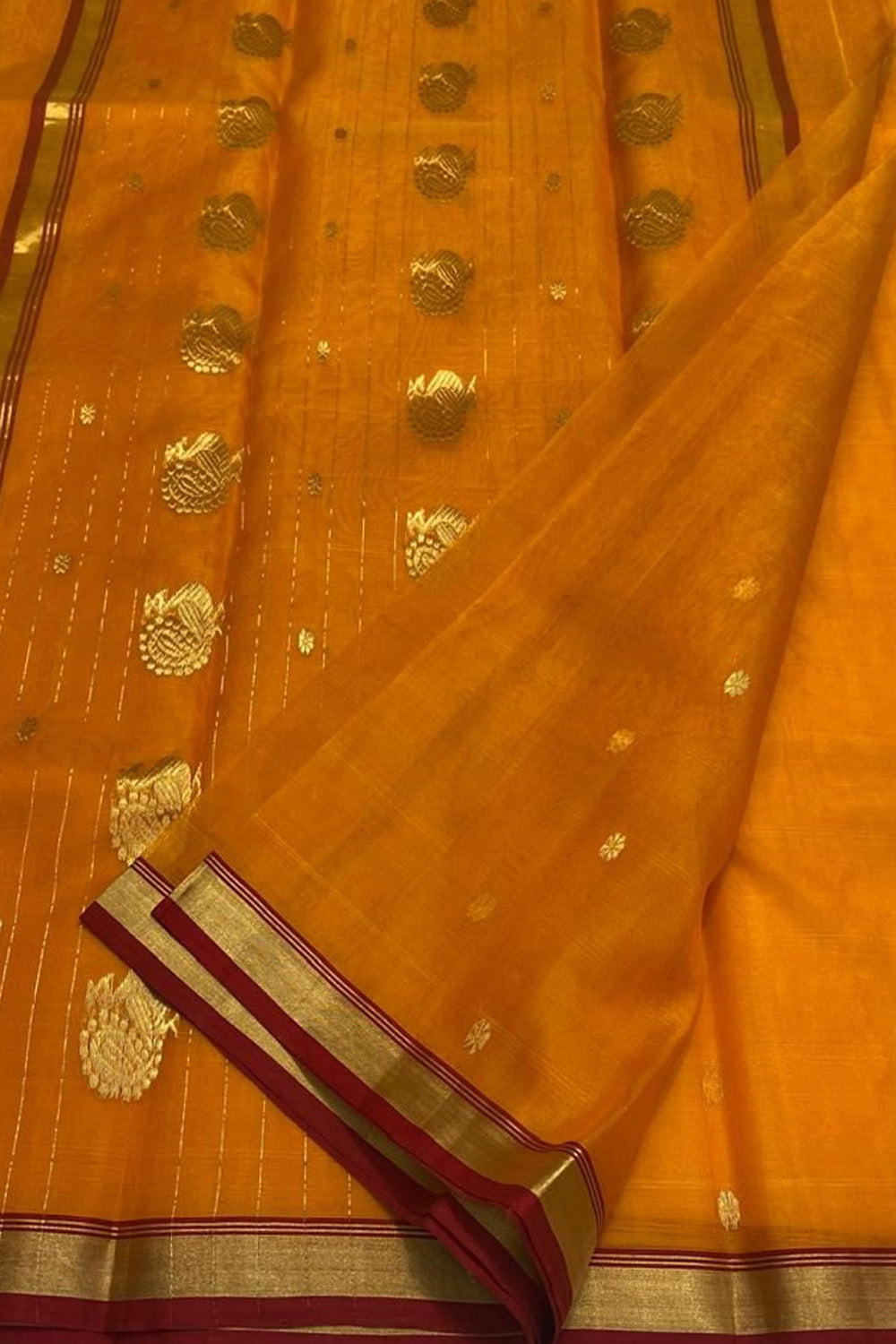 Orange Chanderi Handloom Pure Katan Silk Saree - Luxurion World