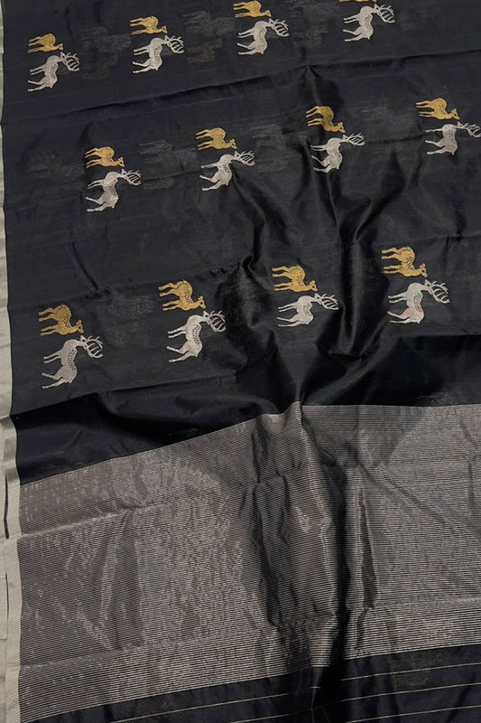 Elegant Black Chanderi Silk Saree - Handloom Beauty - Luxurion World