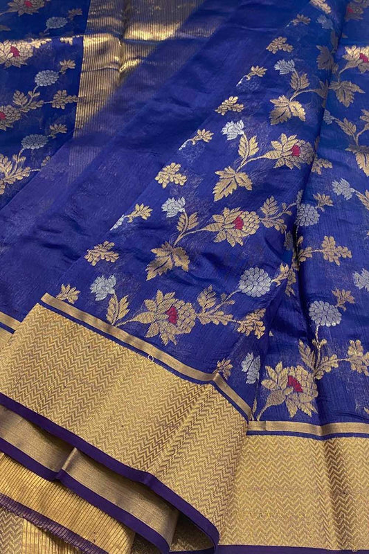 Blue Chanderi Handloom Pure Katan Silk Saree - Luxurion World