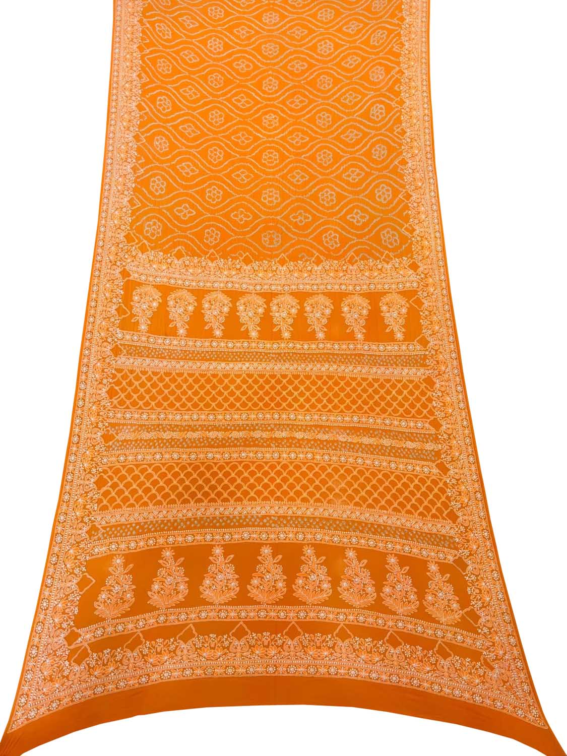 Orange Pure Georgette Chikankari Hand Embroidered With Bandhani Work Saree