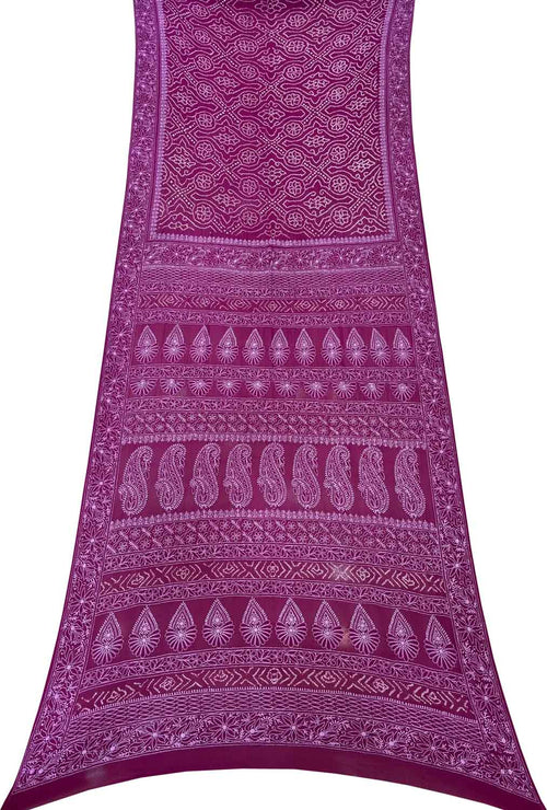 Purple Pure Georgette Chikankari Hand Embroidered With Bandhani Work Saree