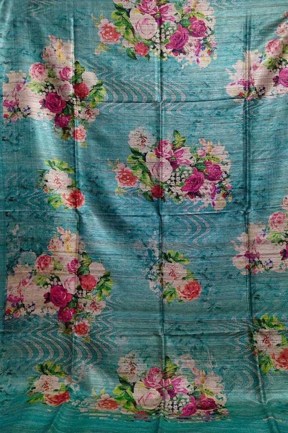 Stunning Blue Tussar Ghicha Silk Saree with Digital Print - Luxurion World
