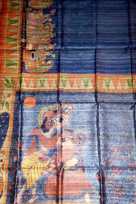 Stunning Blue Tussar Ghicha Silk Saree with Digital Print