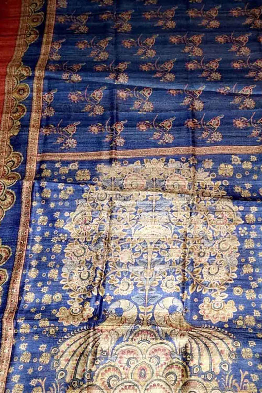 Stunning Blue Tussar Ghicha Silk Saree with Digital Print - Perfect for Any Occasion