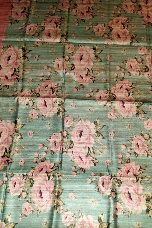 Green Digital Printed Tussar Ghicha Silk Saree - Luxurion World