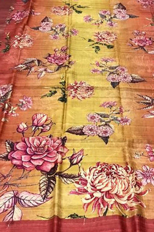 Stunning Yellow Tussar Ghicha Silk Saree with Digital Print - Luxurion World