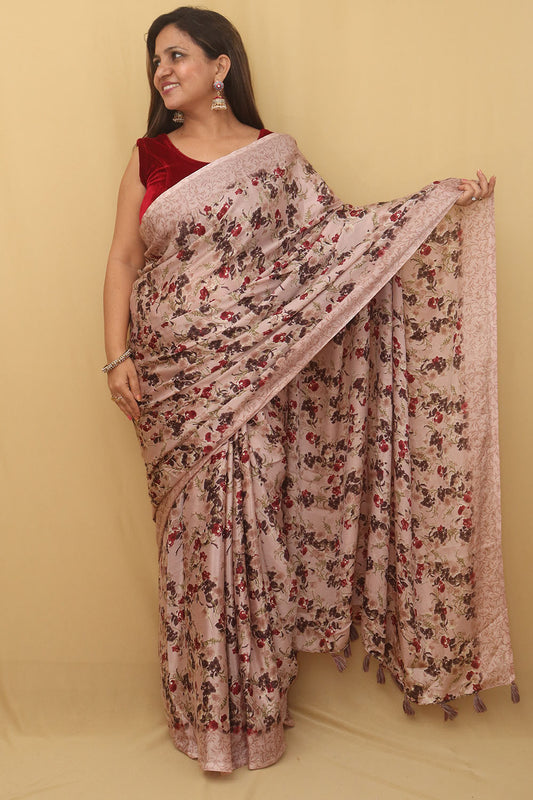 Pink Digital Printed Crepe Floral Design Saree - Luxurion World