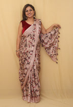 Pink Digital Printed Crepe Floral Design Saree - Luxurion World