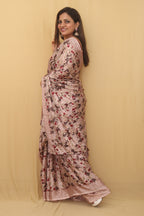 Pink Digital Printed Crepe Floral Design Saree - Luxurion World