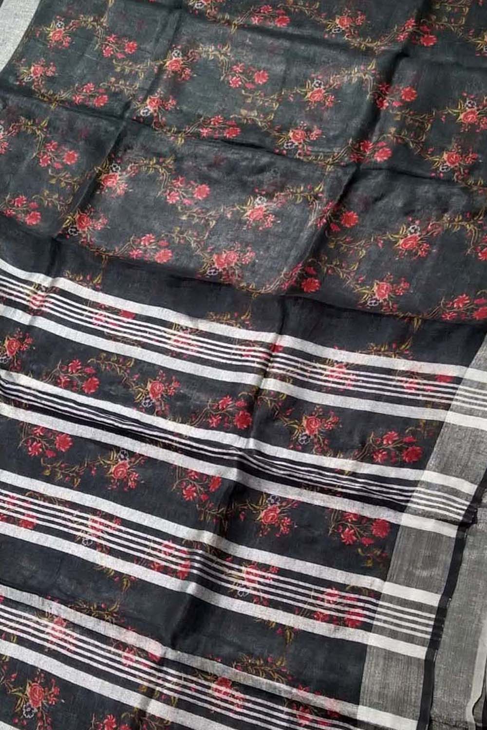 Stunning Black Linen Saree with Floral Print - Luxurion World