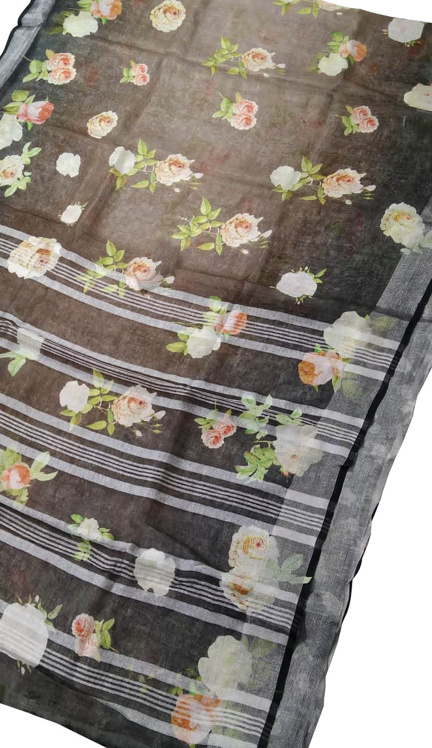 Stunning Black & Brown Floral Saree - Digital Print - Luxurion World