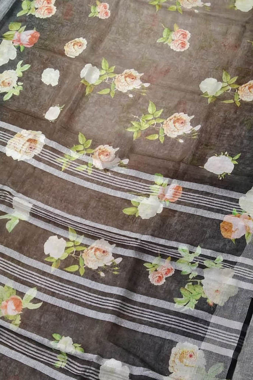 Stunning Black & Brown Floral Saree - Digital Print - Luxurion World