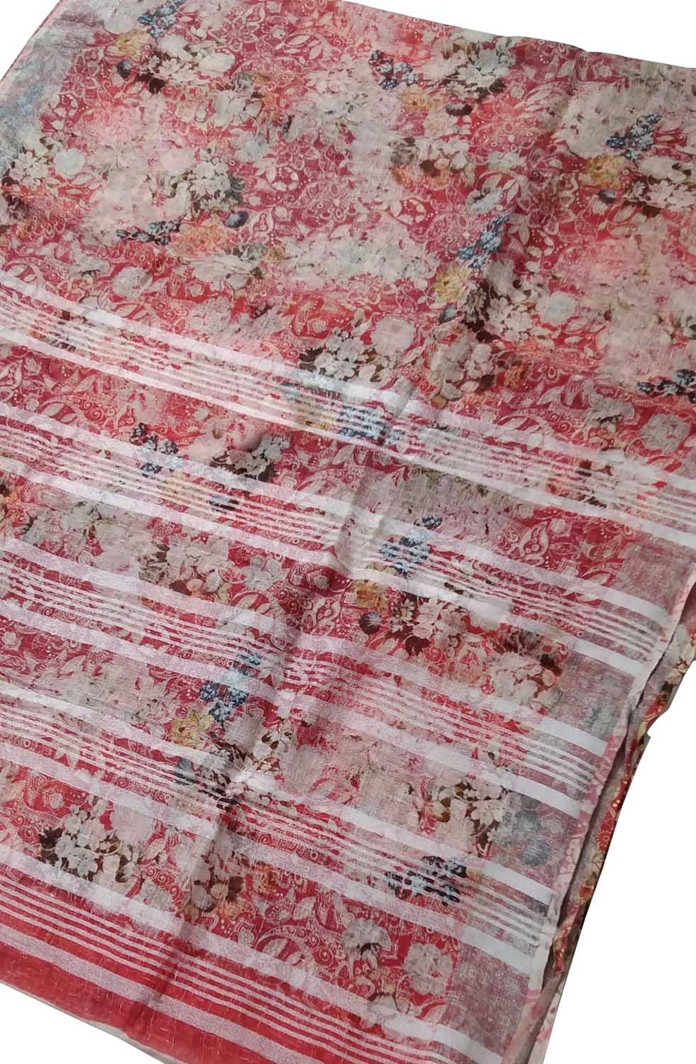 Red Linen Saree with Floral Print - Luxurion World
