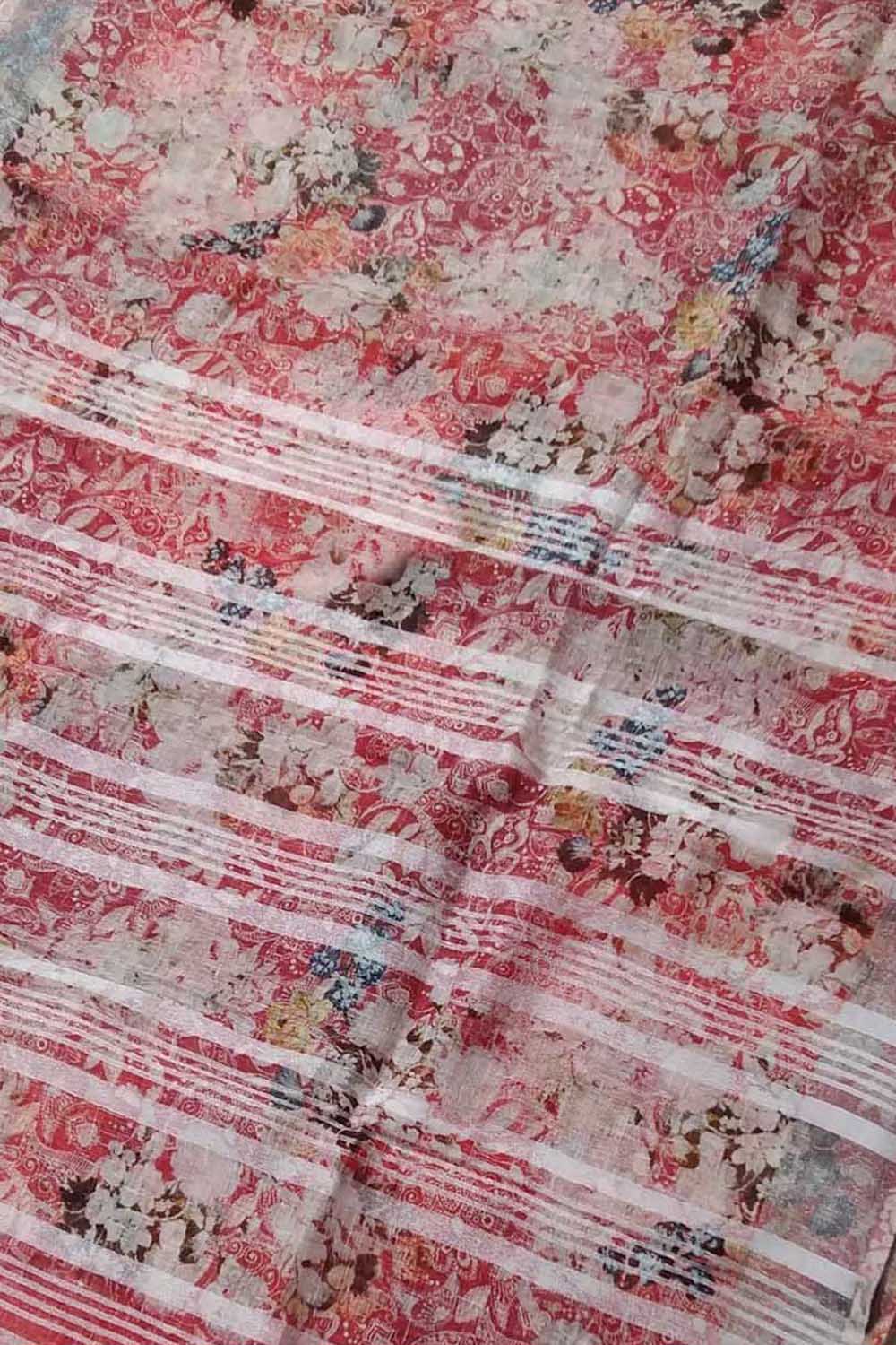 Red Linen Saree with Floral Print - Luxurion World
