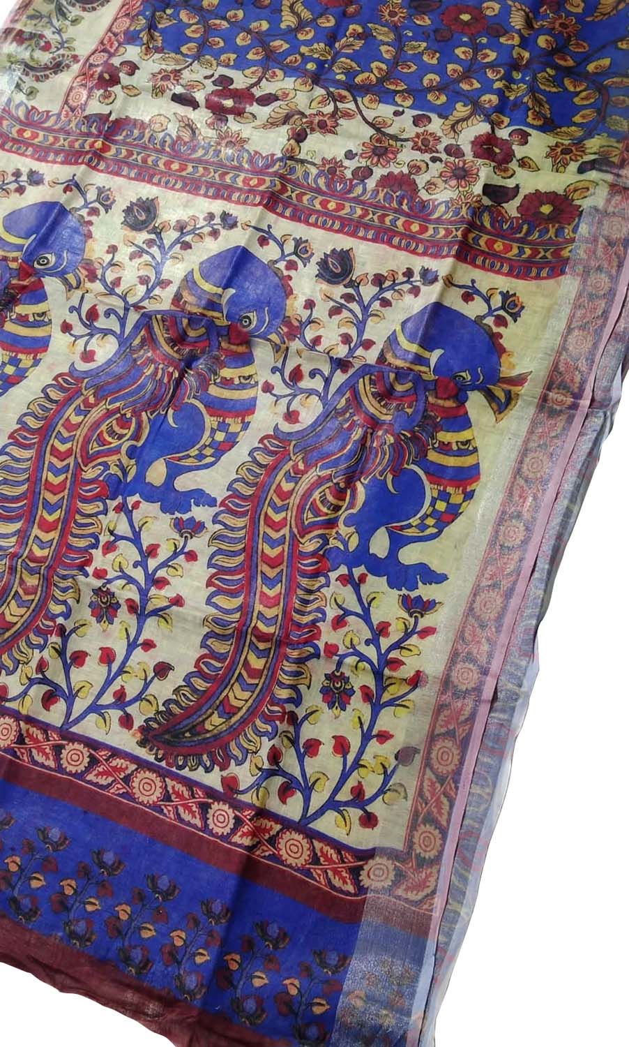 Blue Linen Saree with Floral Print - Luxurion World