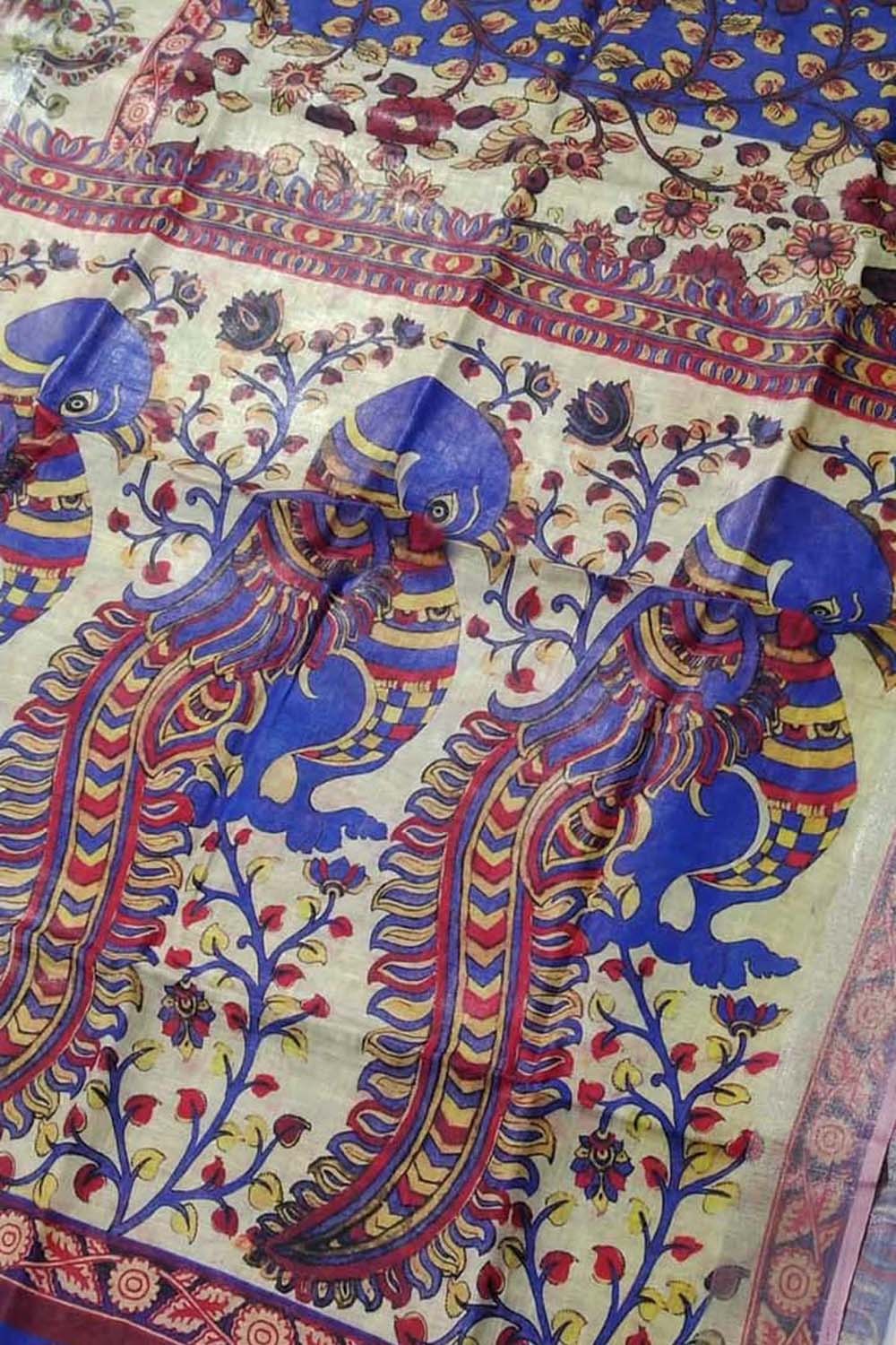 Blue Linen Saree with Floral Print - Luxurion World