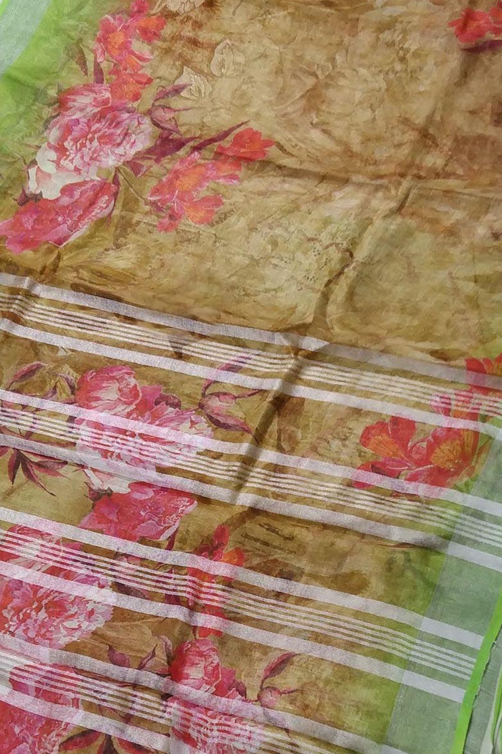 Brown Linen Floral Saree with Digital Print - Luxurion World
