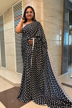 Stylish Black Digital Printed Crepe Polka Dot Saree - Luxurion World
