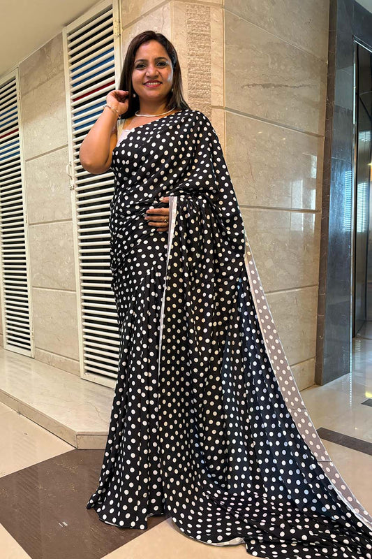 Stylish Black Digital Printed Crepe Polka Dot Saree - Luxurion World