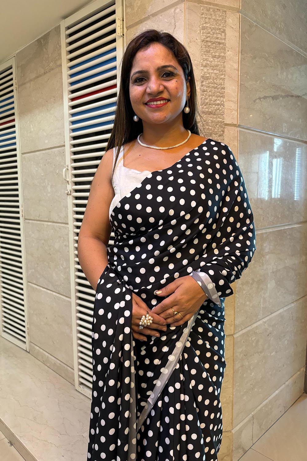 Stylish Black Digital Printed Crepe Polka Dot Saree - Luxurion World