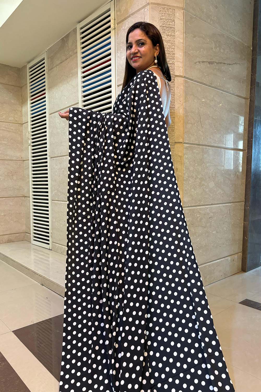 Stylish Black Digital Printed Crepe Polka Dot Saree - Luxurion World