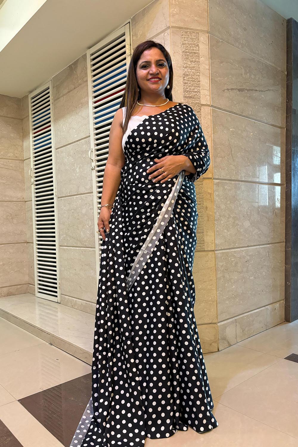 Stylish Black Digital Printed Crepe Polka Dot Saree - Luxurion World