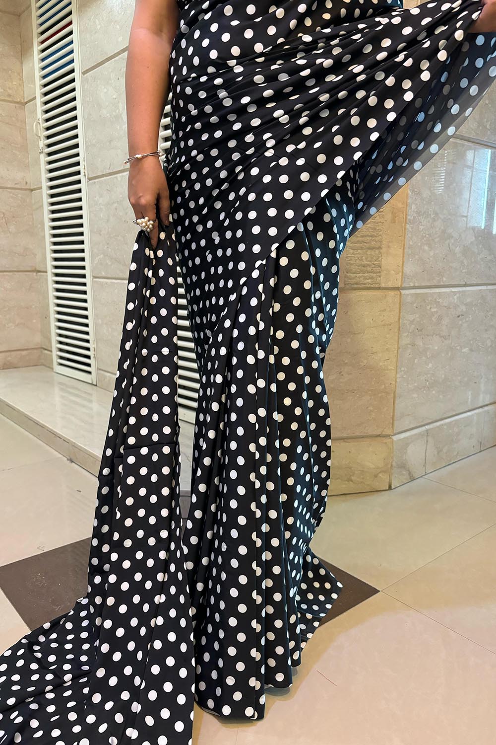 Stylish Black Digital Printed Crepe Polka Dot Saree - Luxurion World