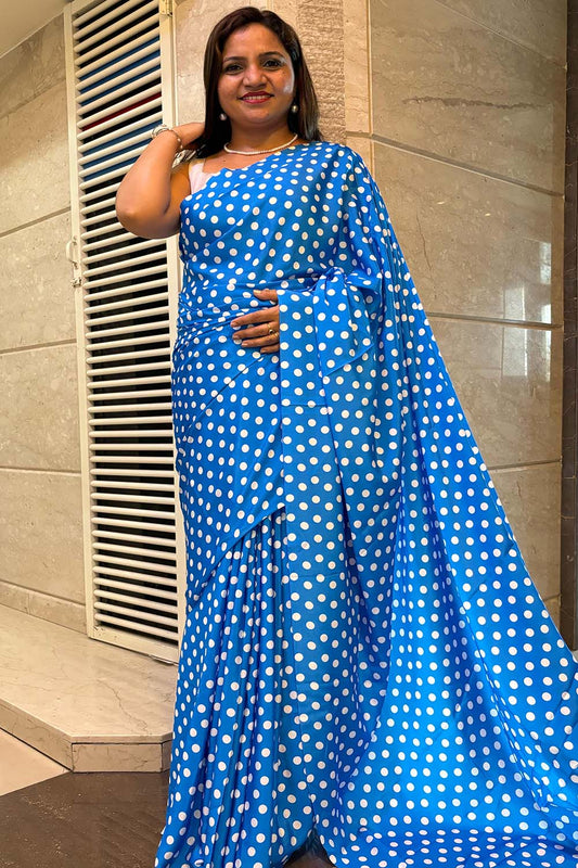 Stylish Blue Digital Printed Crepe Polka Dot Saree - Luxurion World