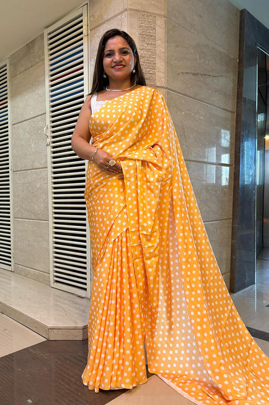 Stylish Yellow Digital Printed Crepe Polka Dot Saree - Luxurion World
